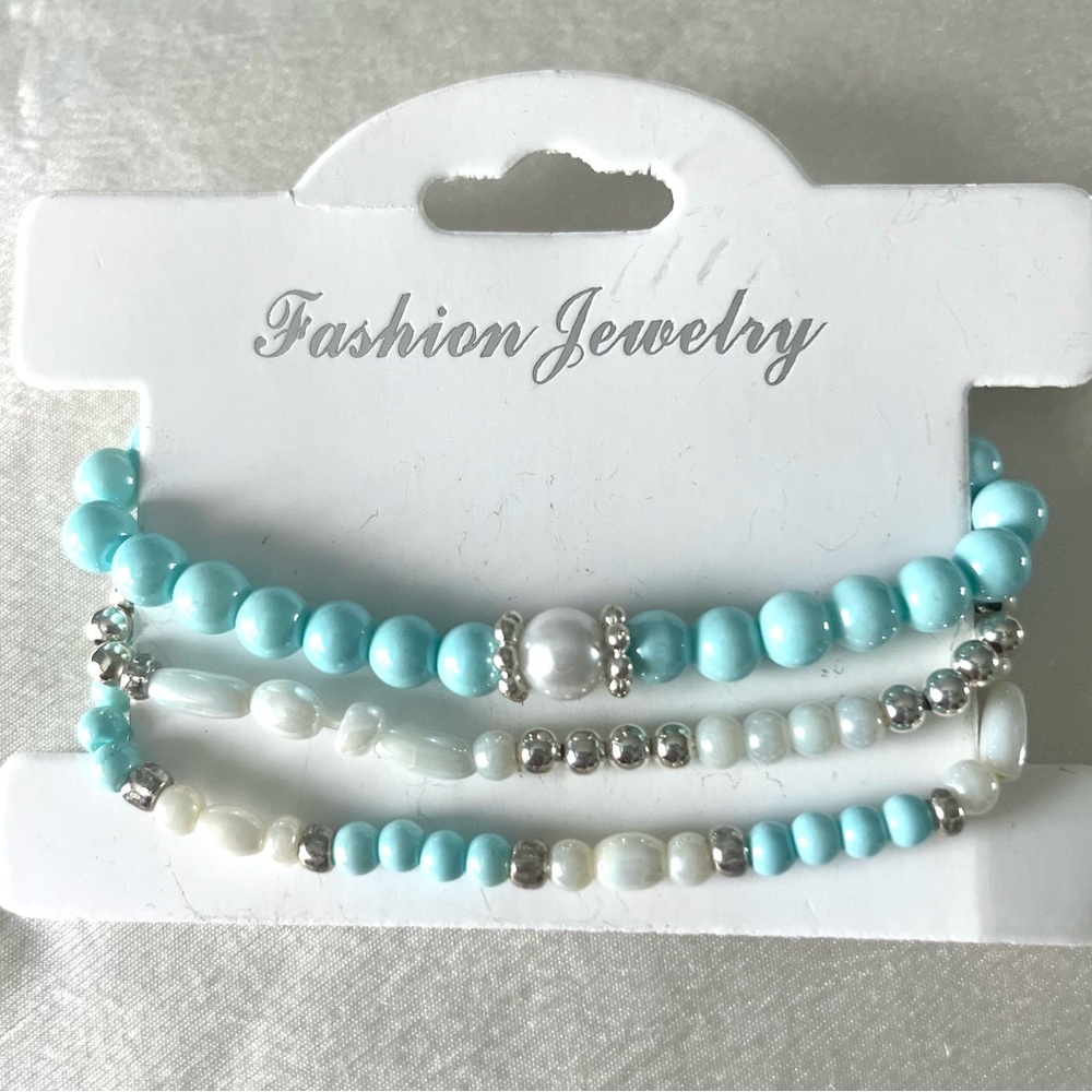 Beautiful Handmade Blue, White and Silver Bracelet Set